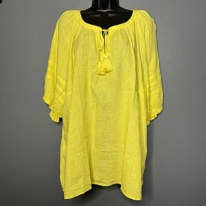New Talbots Shirt Womens 3X Yellow Tunic Blouse Puff Sleeve Tasseled Linen Beach